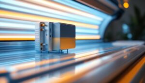 A photograph of a well-lit tanning bed with its ballast system prominently displayed