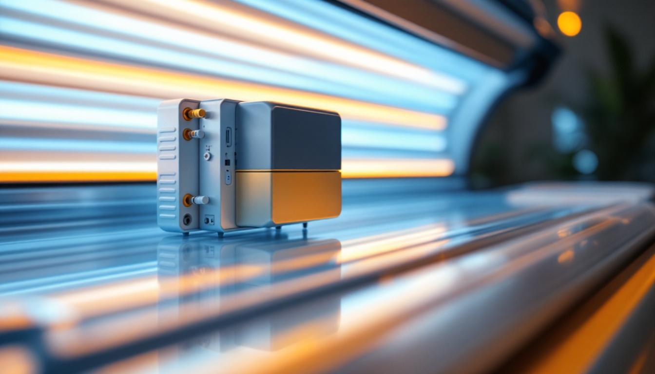 A photograph of a well-lit tanning bed with its ballast system prominently displayed