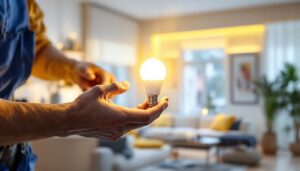 A photograph of a lighting contractor installing or showcasing a t-type led bulb in a modern residential or commercial setting