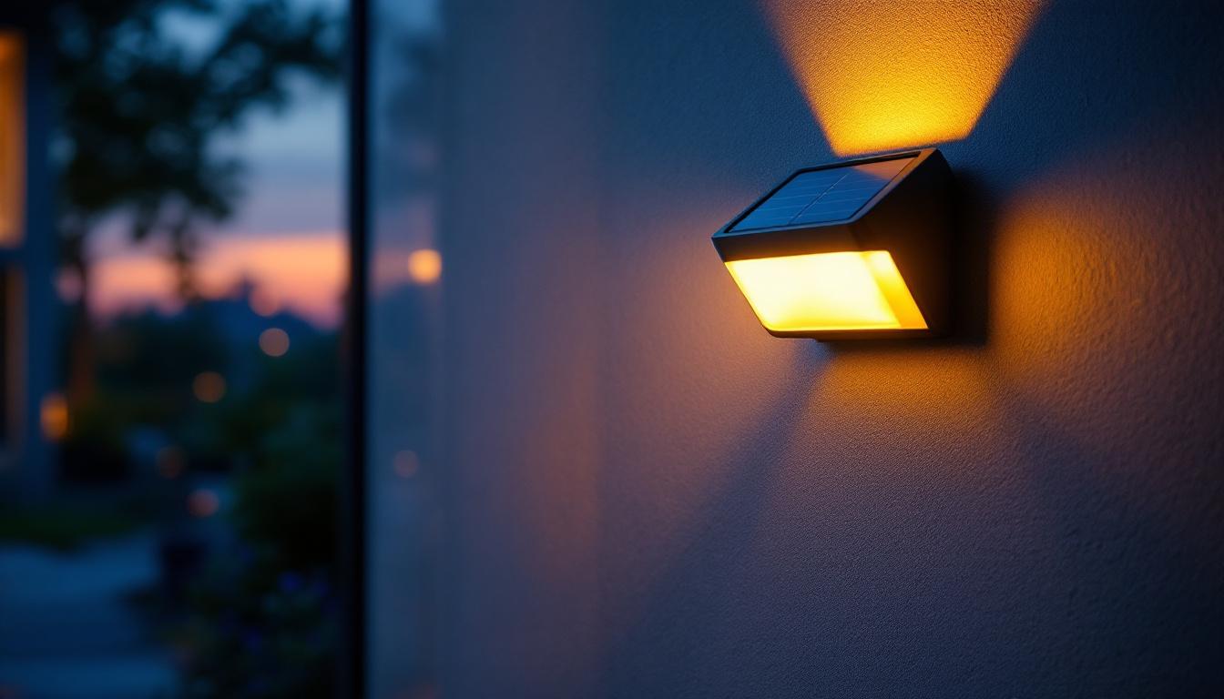 A photograph of a solar-powered led wall light installed in an outdoor setting