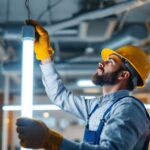 A photograph of a lighting contractor skillfully installing fluorescent led lights in a modern workspace