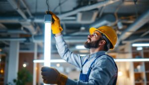 A photograph of a lighting contractor skillfully installing fluorescent led lights in a modern workspace