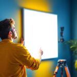 A photograph of a lighting contractor installing a 2' x 2' led light panel in a commercial space