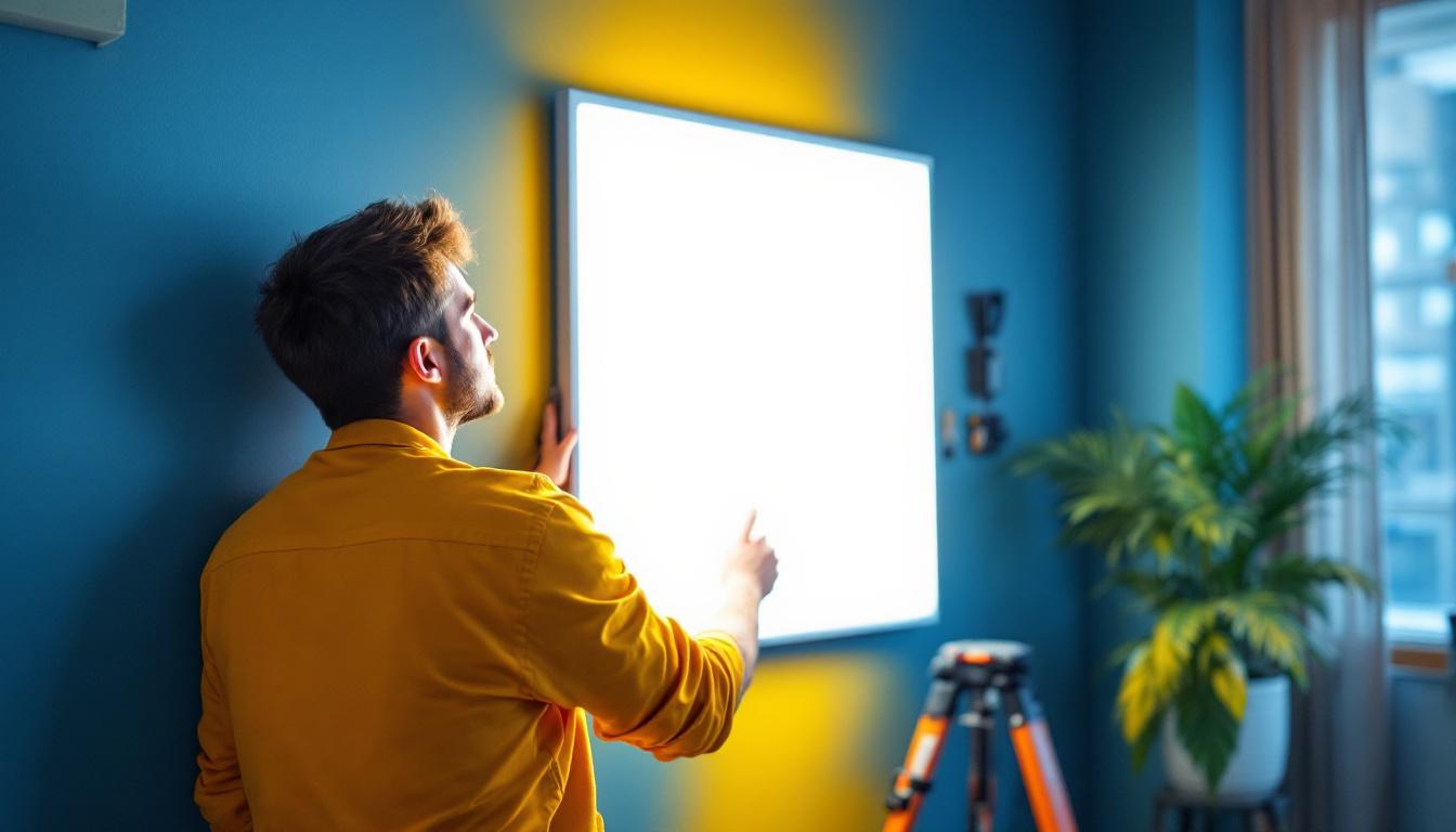 A photograph of a lighting contractor installing a 2' x 2' led light panel in a commercial space