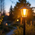 A photograph of a beautifully illuminated outdoor led lamp post in a landscaped setting during twilight
