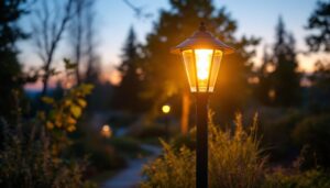 A photograph of a beautifully illuminated outdoor led lamp post in a landscaped setting during twilight