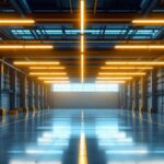 A photograph of a modern industrial space illuminated by linear high bay lights