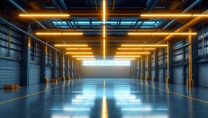 A photograph of a modern industrial space illuminated by linear high bay lights