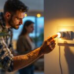 A photograph of a lighting contractor installing a plug-in switch in a modern home setting