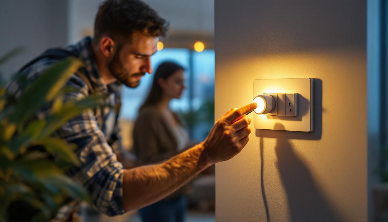 A photograph of a lighting contractor installing a plug-in switch in a modern home setting