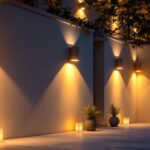A photograph of a beautifully lit outdoor space featuring various styles of led wall lights installed on exterior walls