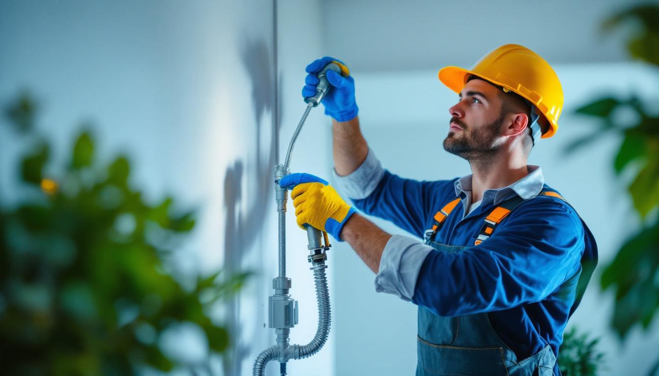 A photograph of a lighting contractor expertly installing a gas illumination system in a residential or commercial setting