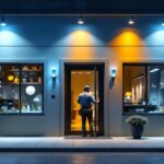 A photograph of a well-lit commercial exterior showcasing various types of lighting fixtures