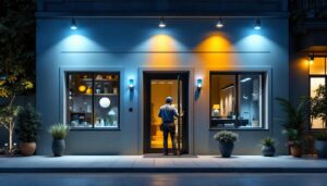 A photograph of a well-lit commercial exterior showcasing various types of lighting fixtures
