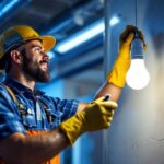 A photograph of a lighting contractor replacing a fluorescent bulb with an led bulb in a commercial setting
