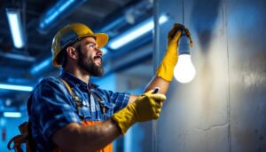A photograph of a lighting contractor replacing a fluorescent bulb with an led bulb in a commercial setting