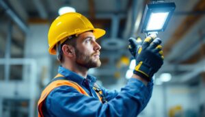 A photograph of a lighting contractor in action