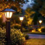 A photograph of a beautifully illuminated outdoor space featuring solar lights installed on a decorative post