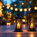 A photograph of a beautifully illuminated outdoor space featuring a stylish lantern as the focal point