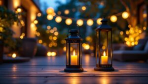 A photograph of a beautifully illuminated outdoor space featuring a stylish lantern as the focal point