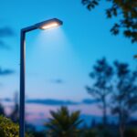 A photograph of a well-lit outdoor scene featuring a sleek light pole with an integrated electrical outlet