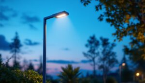 A photograph of a well-lit outdoor scene featuring a sleek light pole with an integrated electrical outlet