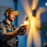 A photograph of a lighting contractor in action