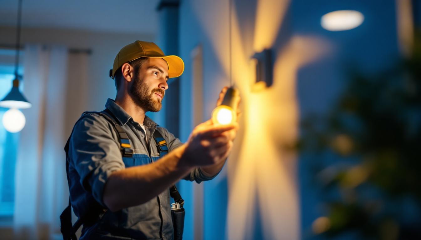 A photograph of a lighting contractor in action