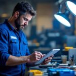 A photograph of a lighting contractor examining led lights and ballasts in a workshop setting