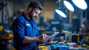 A photograph of a lighting contractor examining led lights and ballasts in a workshop setting