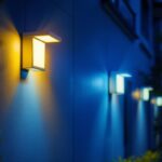 A photograph of a well-lit outdoor area showcasing various led wall pack lights installed on a building facade