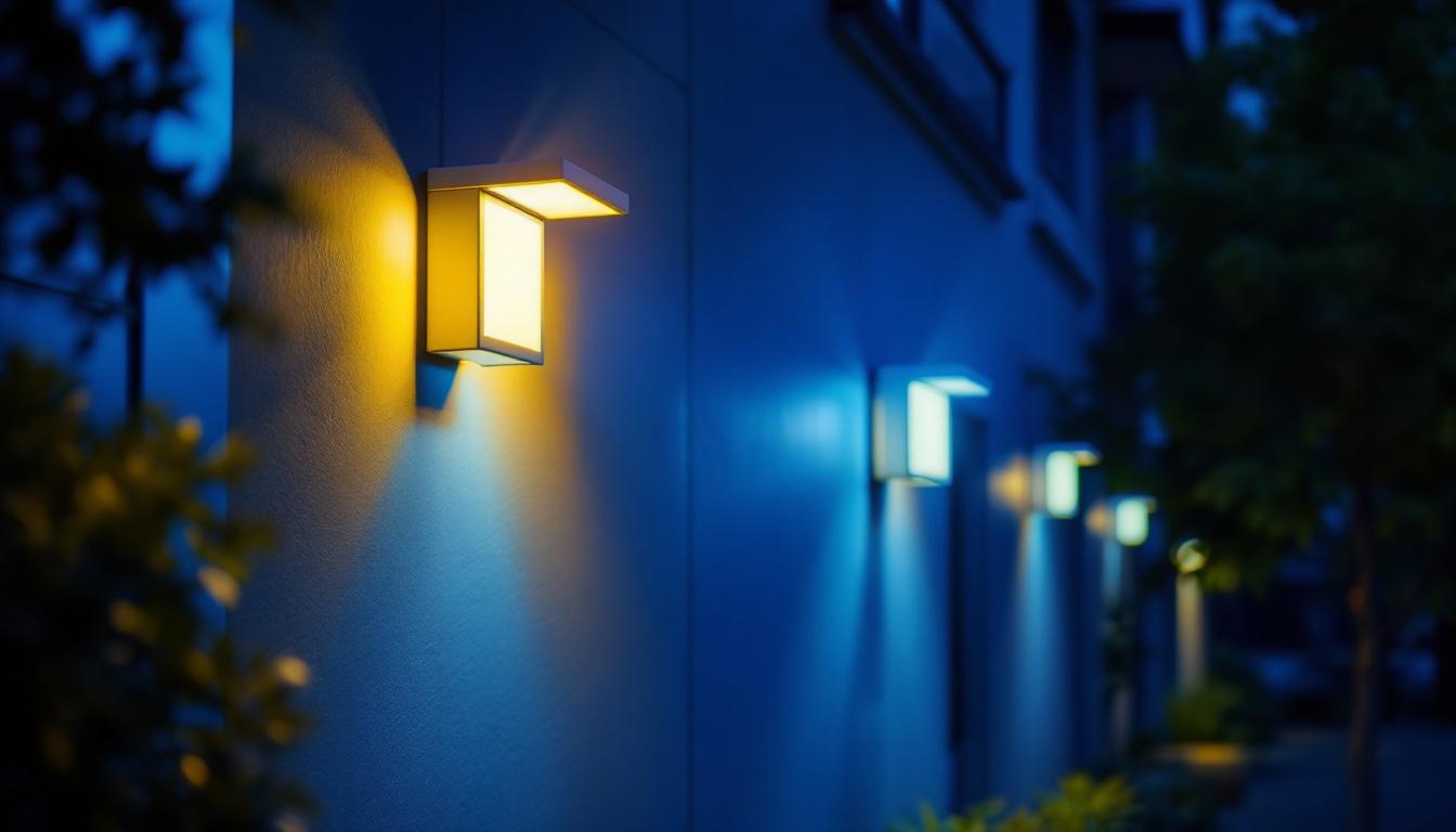 A photograph of a well-lit outdoor area showcasing various led wall pack lights installed on a building facade