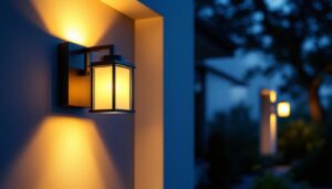 A photograph of capture a photograph of a beautifully illuminated outdoor wall mount lighting fixture installed on a stylish home exterior