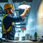A photograph of a lighting contractor installing led retrofit light fixtures in a commercial setting