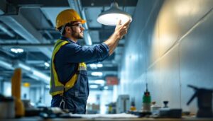 A photograph of a lighting contractor installing led retrofit light fixtures in a commercial setting