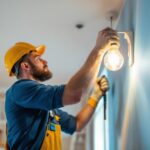 A photograph of a lighting contractor installing led lights in a residential space