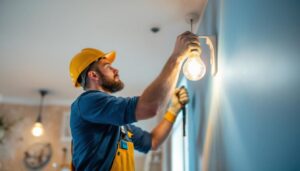 A photograph of a lighting contractor installing led lights in a residential space