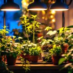 A photograph of a well-lit indoor gardening setup featuring vibrant plants under professional grow lights
