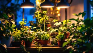A photograph of a well-lit indoor gardening setup featuring vibrant plants under professional grow lights