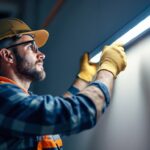 A photograph of a lighting contractor expertly installing a sleek linear led fixture in a modern commercial space