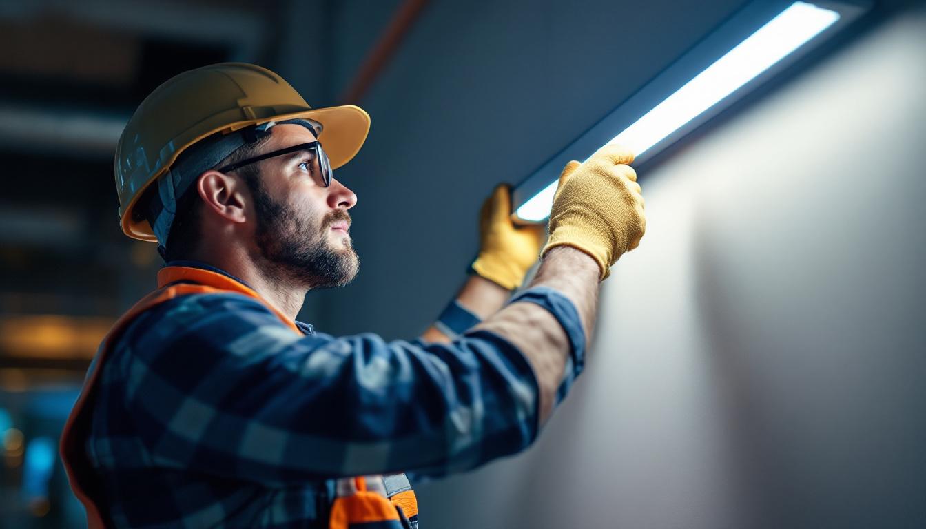 A photograph of a lighting contractor expertly installing a sleek linear led fixture in a modern commercial space