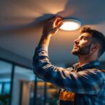 A photograph of a lighting contractor installing a recessed led light fixture in a modern home setting