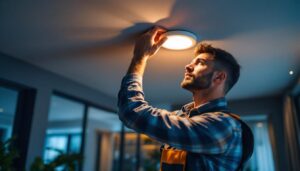 A photograph of a lighting contractor installing a recessed led light fixture in a modern home setting