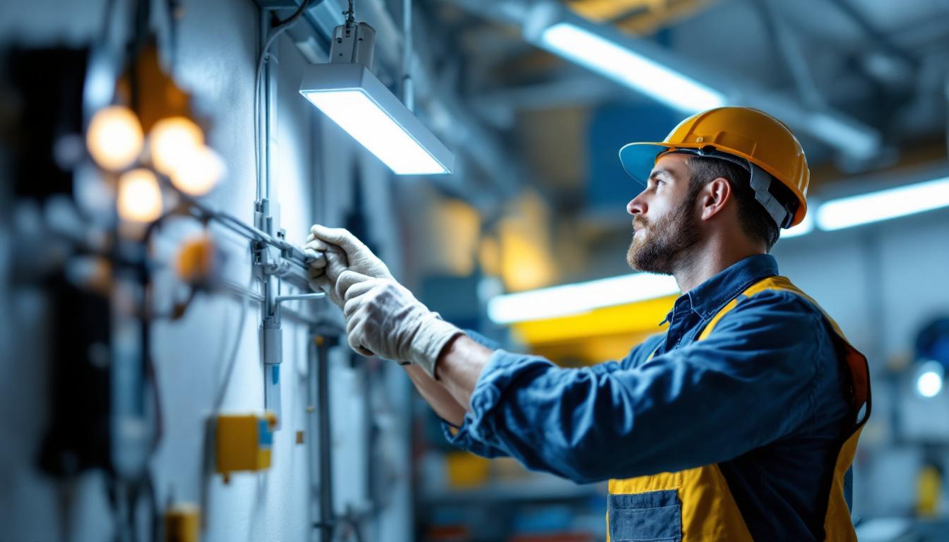 A photograph of a lighting contractor installing a sleek