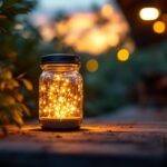 A photograph of a beautifully lit solar-powered jar lamp in an outdoor setting