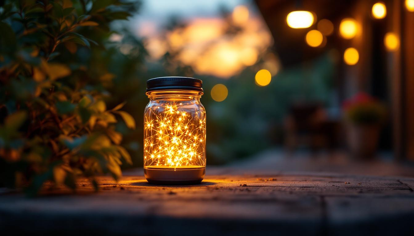 A photograph of a beautifully lit solar-powered jar lamp in an outdoor setting