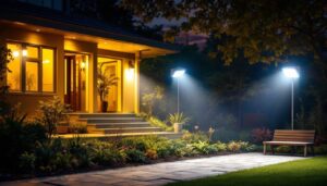 A photograph of a well-lit outdoor scene showcasing a variety of top-rated flood lights in action