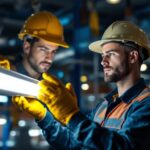A photograph of a lighting contractor examining a fluorescent led fixture in a commercial setting