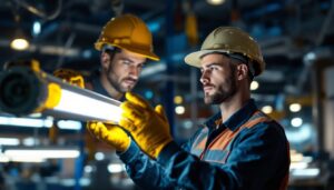 A photograph of a lighting contractor examining a fluorescent led fixture in a commercial setting