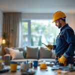 A photograph of a lighting contractor expertly installing led can lights in a modern residential space